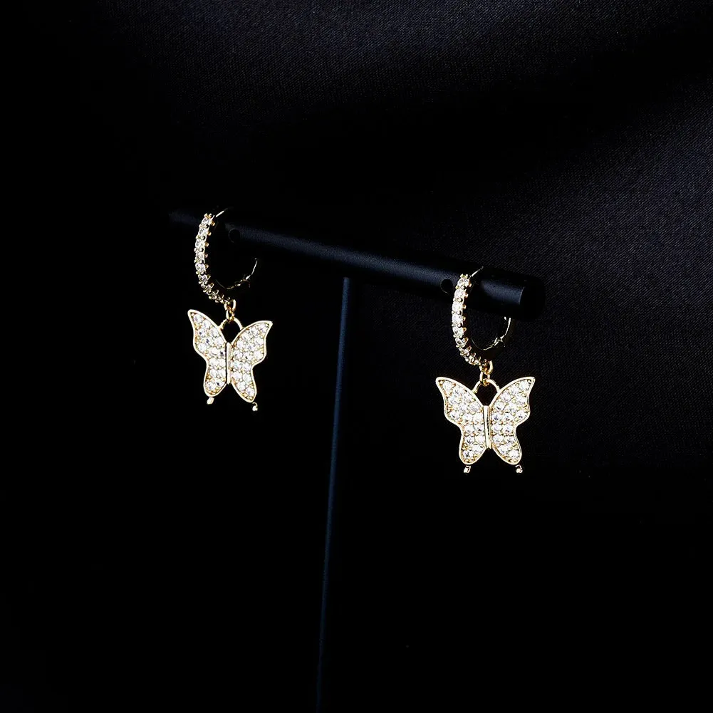 Iced Butterfly Hoop Earrings in Yellow Gold