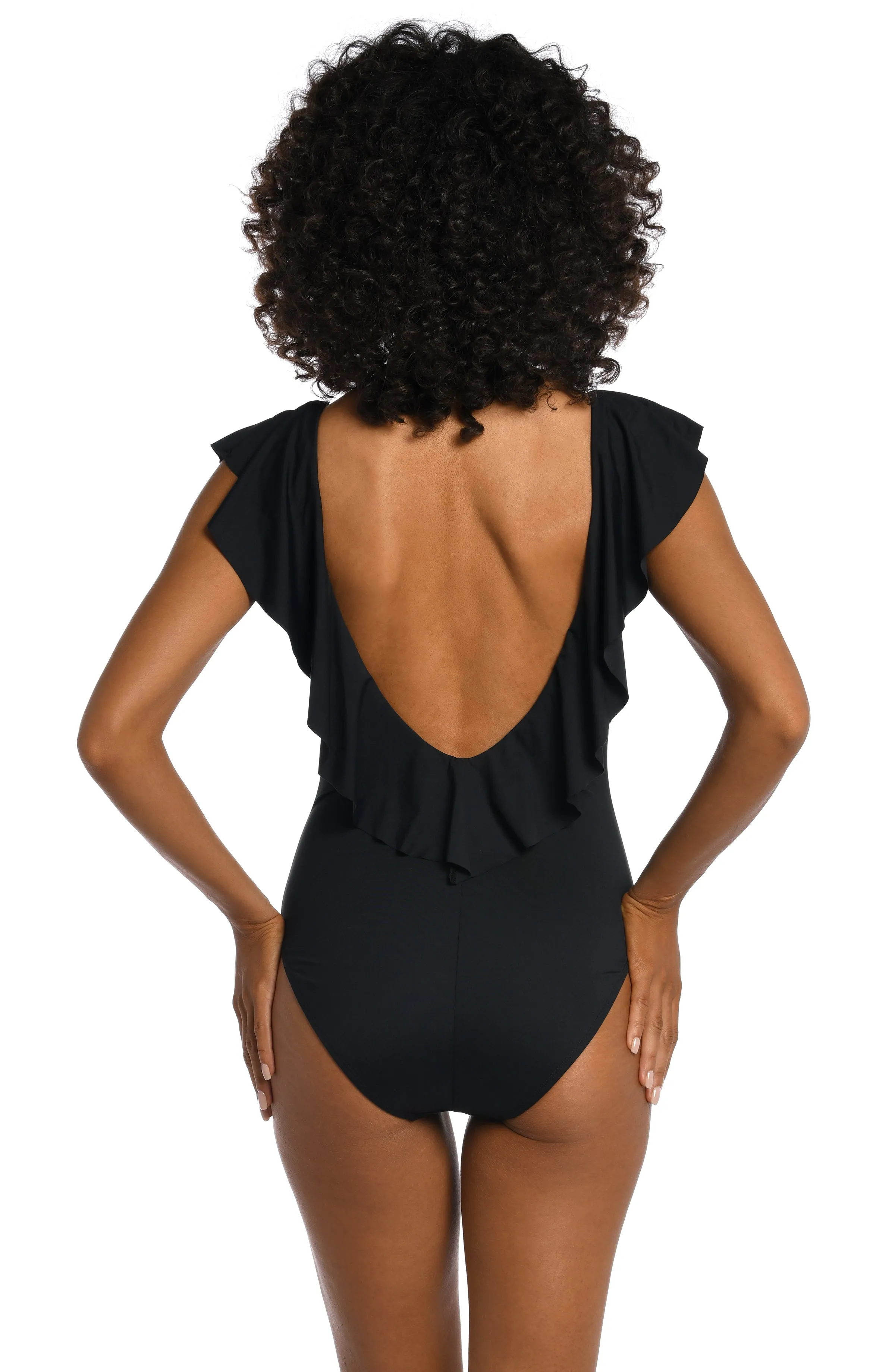 Island Goddess Ruffle Plunge One Piece - Black