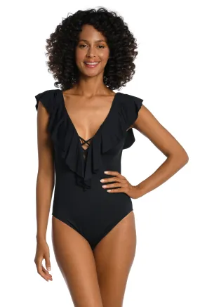 Island Goddess Ruffle Plunge One Piece - Black