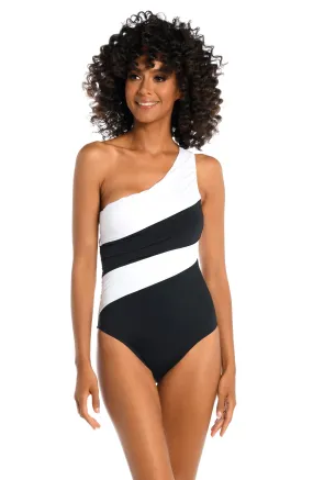 Island Goddess Shirred One Shoulder One Piece - Black