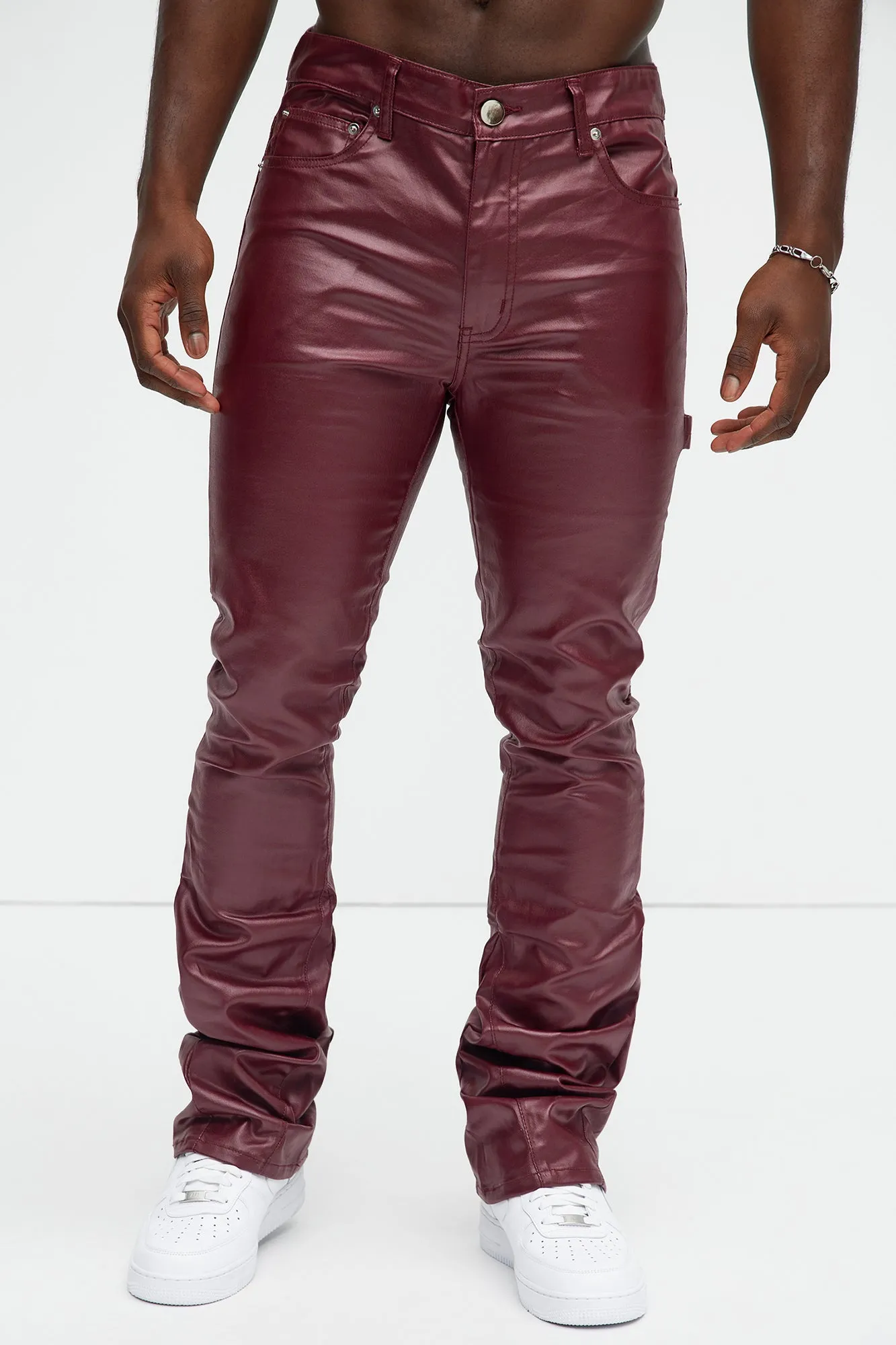 Keep It Solid Faux Leather Stacked Skinny Flare Pants - Red