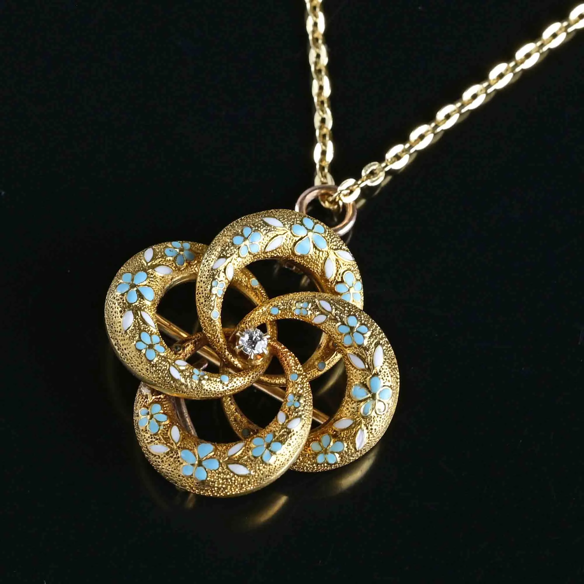 Krementz Diamond Enamel Lover Knot Brooch Pendant 14K Gold