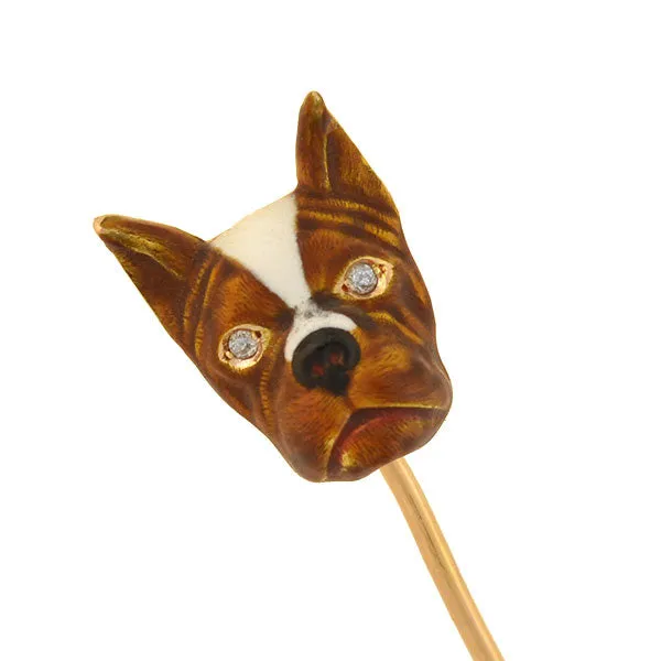 Late Art Deco 14kt Diamond   Enamel French Bulldog Stick Pin