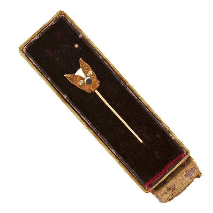 Late Art Deco 14kt Diamond   Enamel French Bulldog Stick Pin