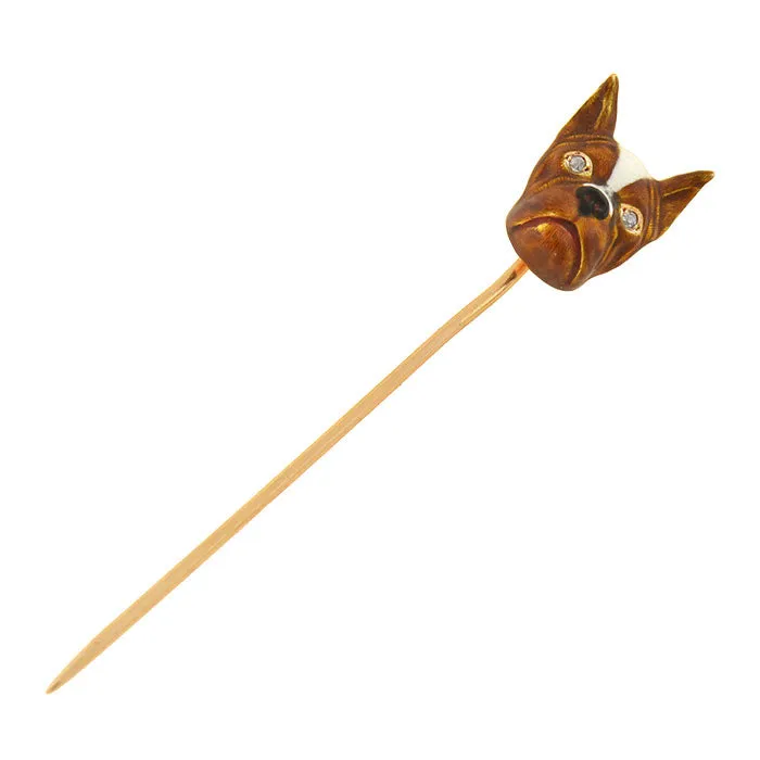 Late Art Deco 14kt Diamond   Enamel French Bulldog Stick Pin