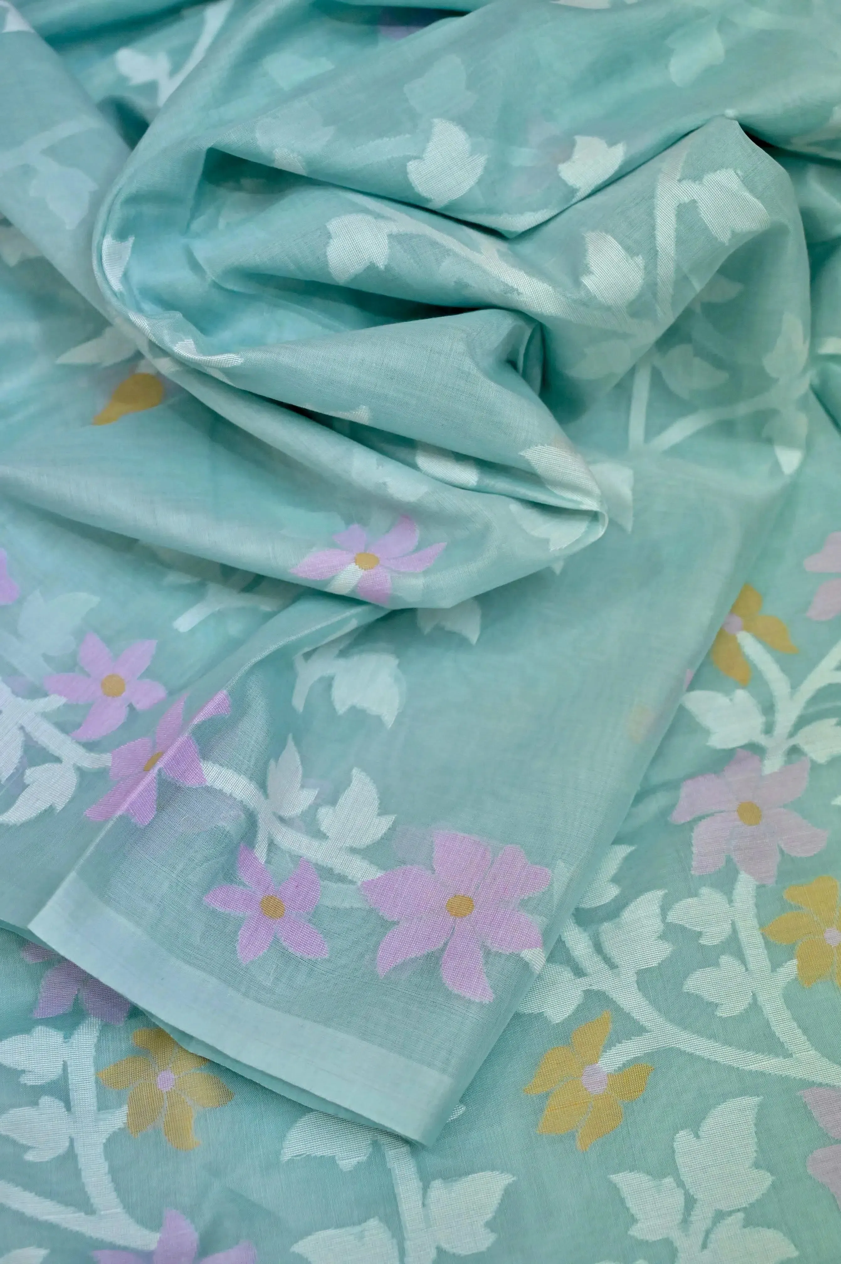 Light Sea Green Color Pure Cotton Saree with Allover Jamdani Weaving