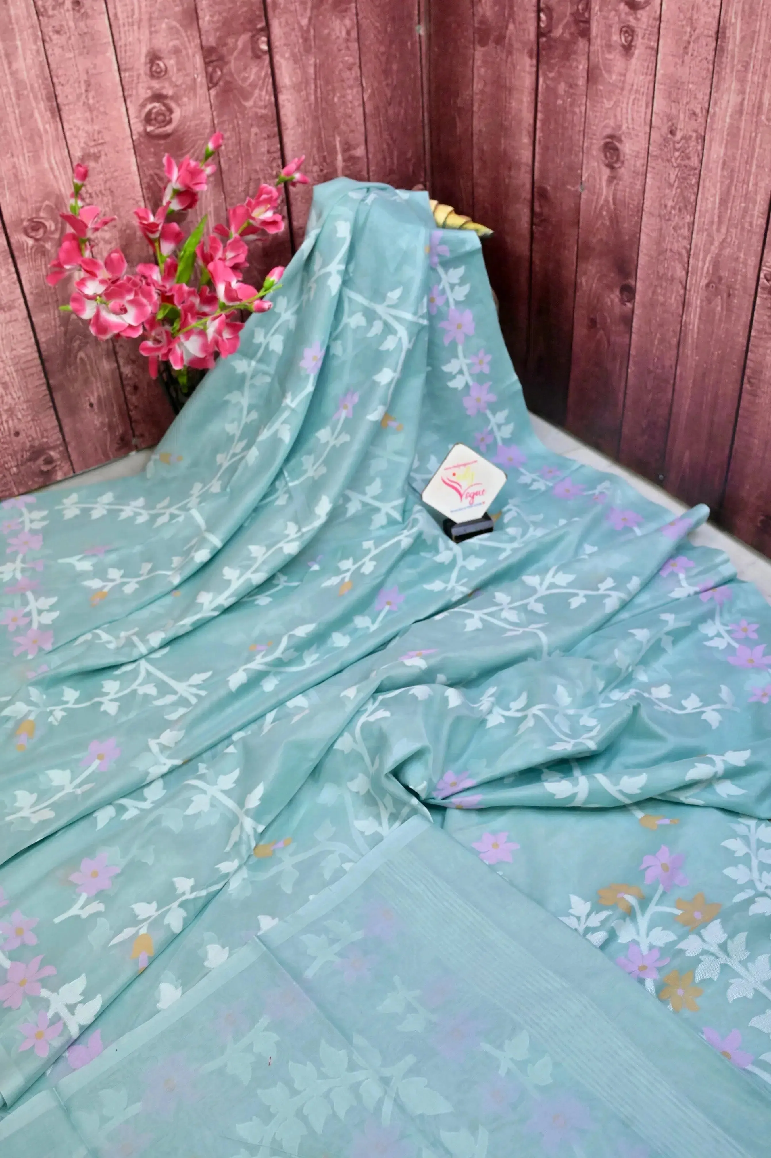 Light Sea Green Color Pure Cotton Saree with Allover Jamdani Weaving