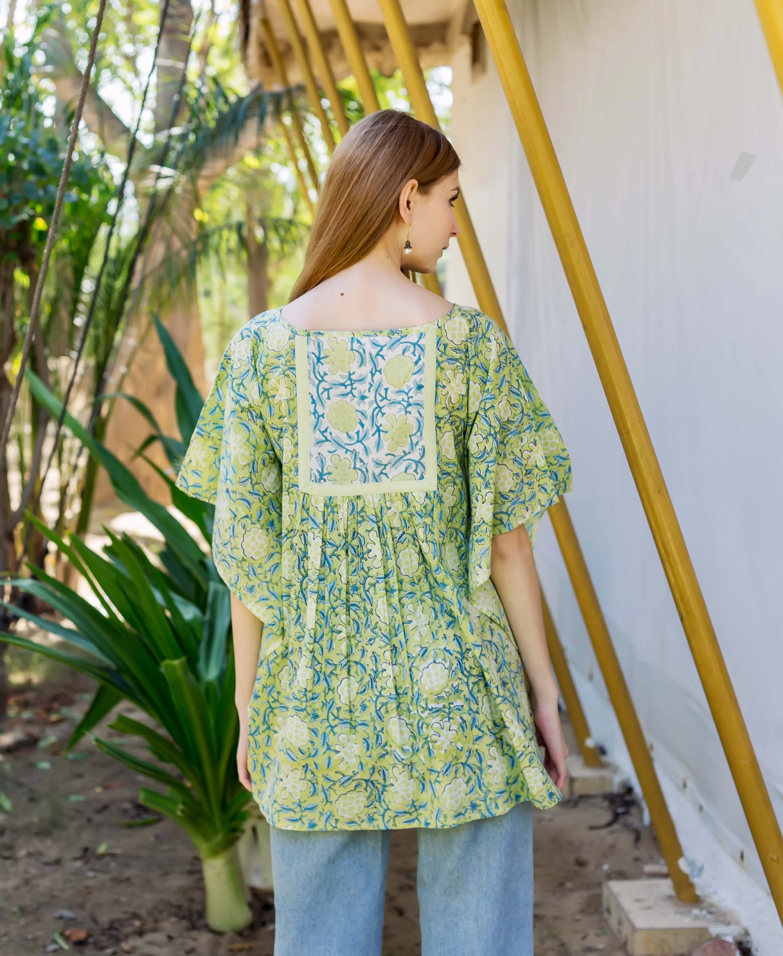 Lime Green Hand Block Printed Kaftan Top