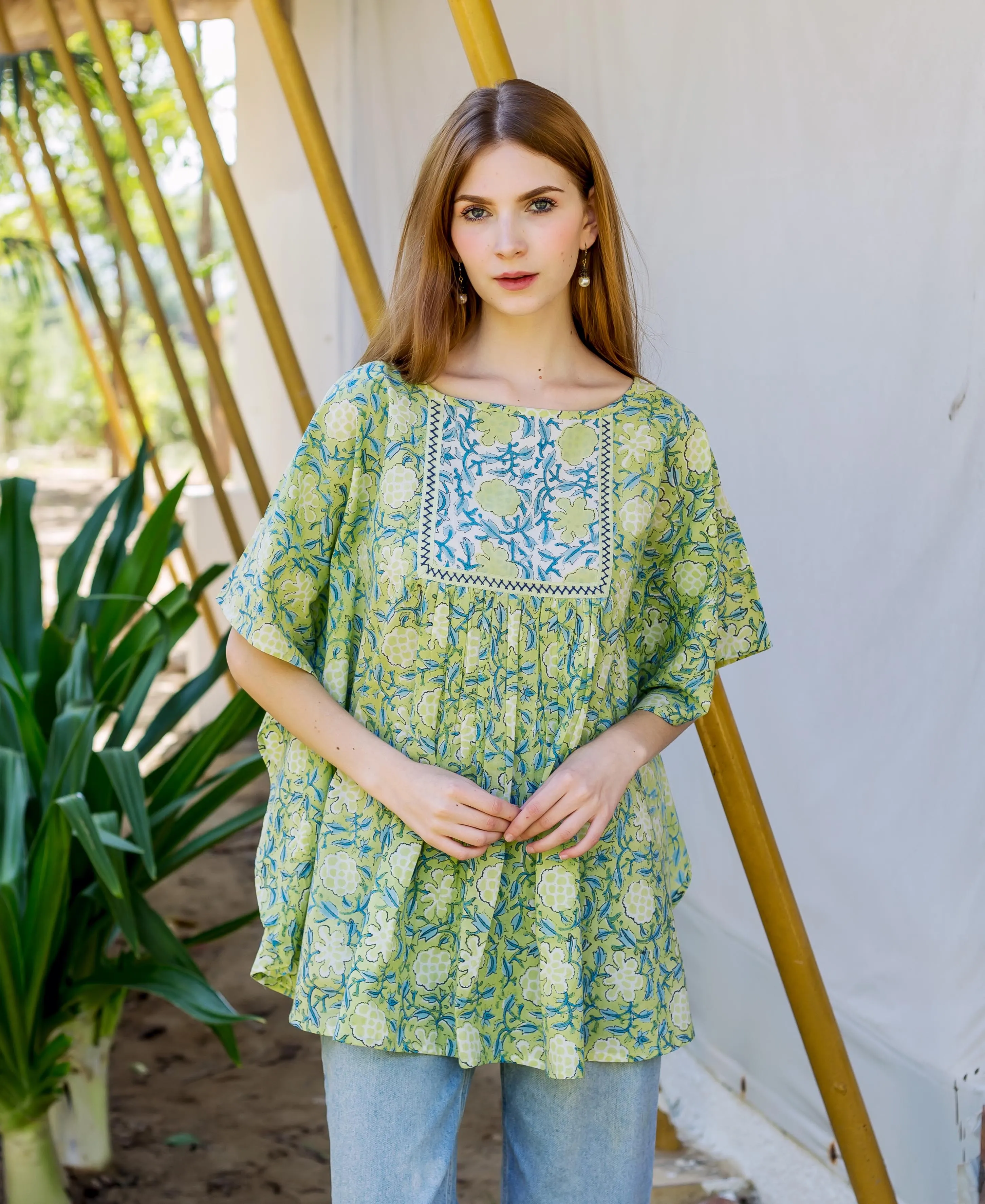 Lime Green Hand Block Printed Kaftan Top