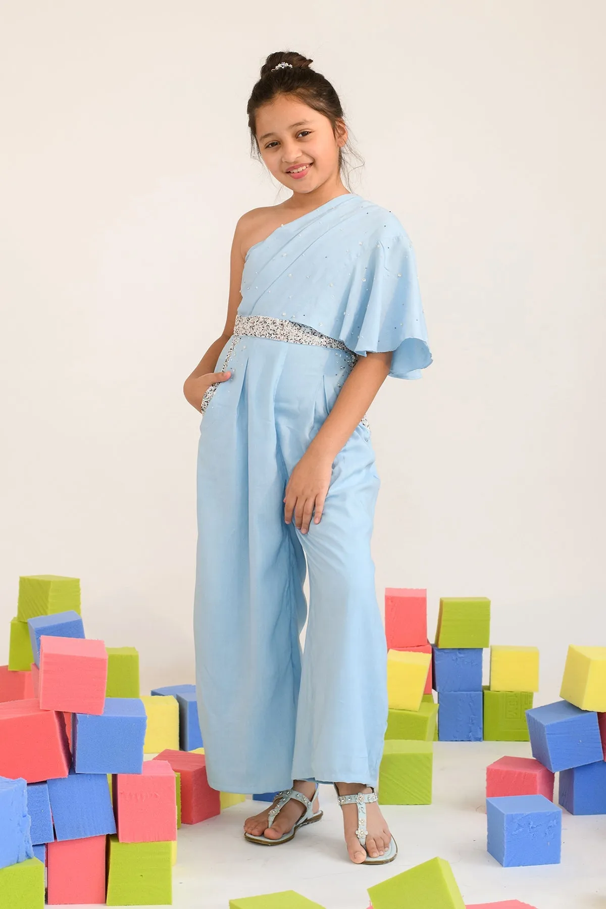 Lofty Trinket- Hand Embroidered One Shoulder Jumpsuit For Girls