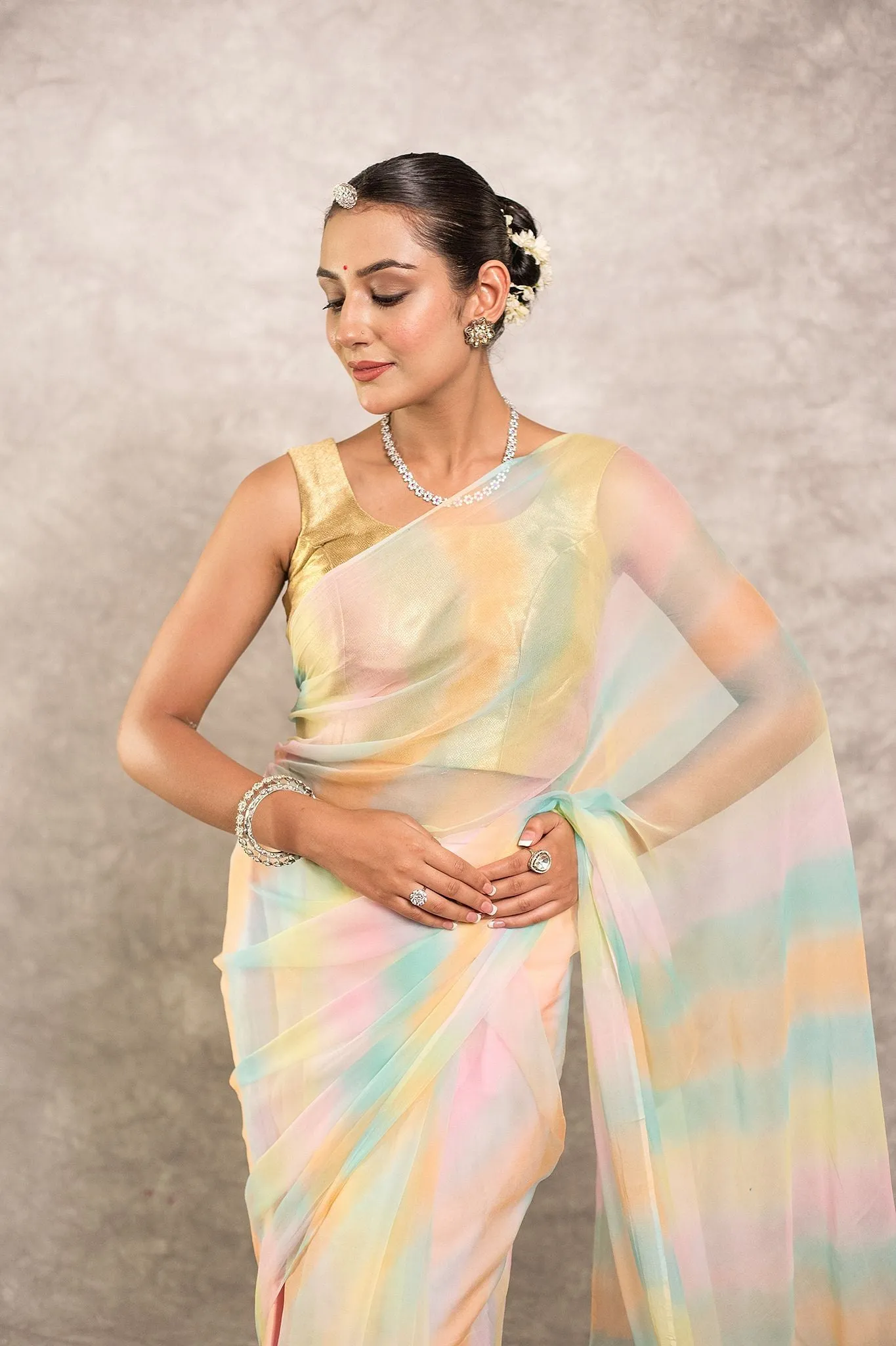 Multi coloured Pure Georgette Lehariya Saree