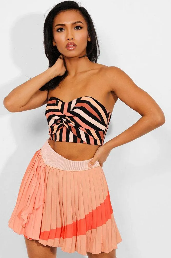 Nude Stripe Pleated Mini Skirt