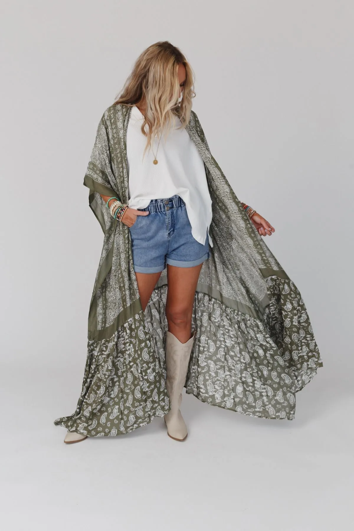 Paisley Tapestry Free Flow Duster Kimono - Olive