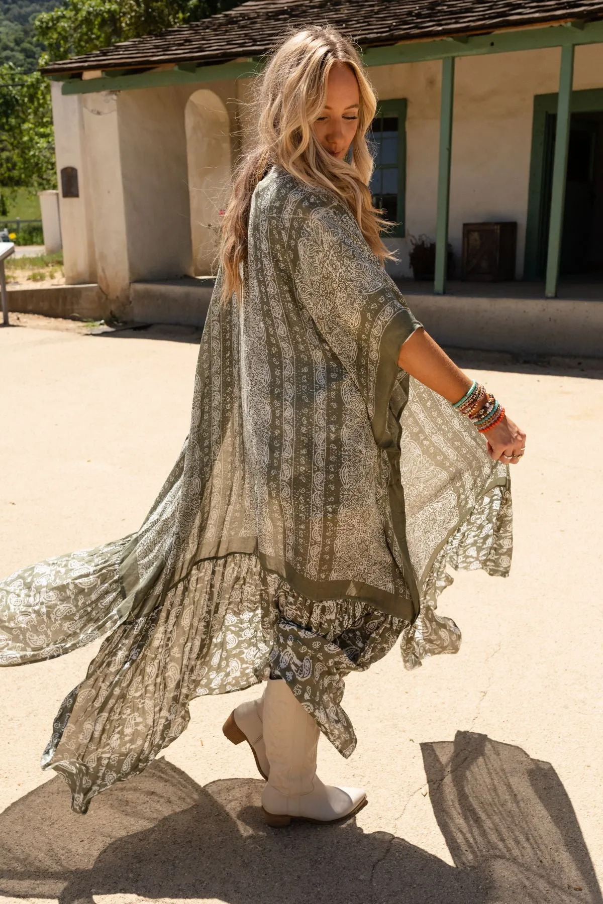 Paisley Tapestry Free Flow Duster Kimono - Olive