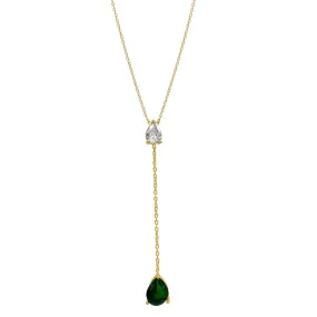 Pear shaped Crystal and Green Stone Y Necklace