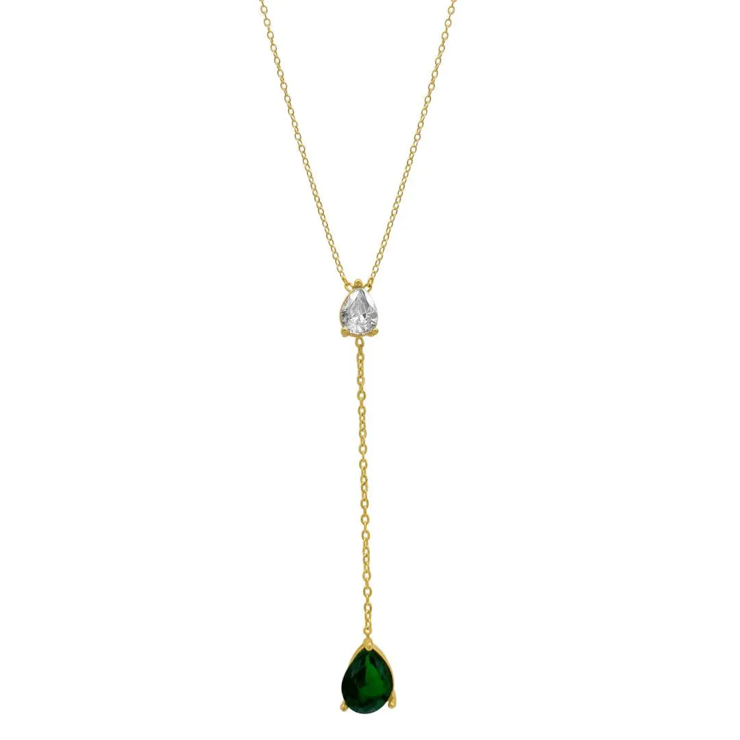 Pear shaped Crystal and Green Stone Y Necklace