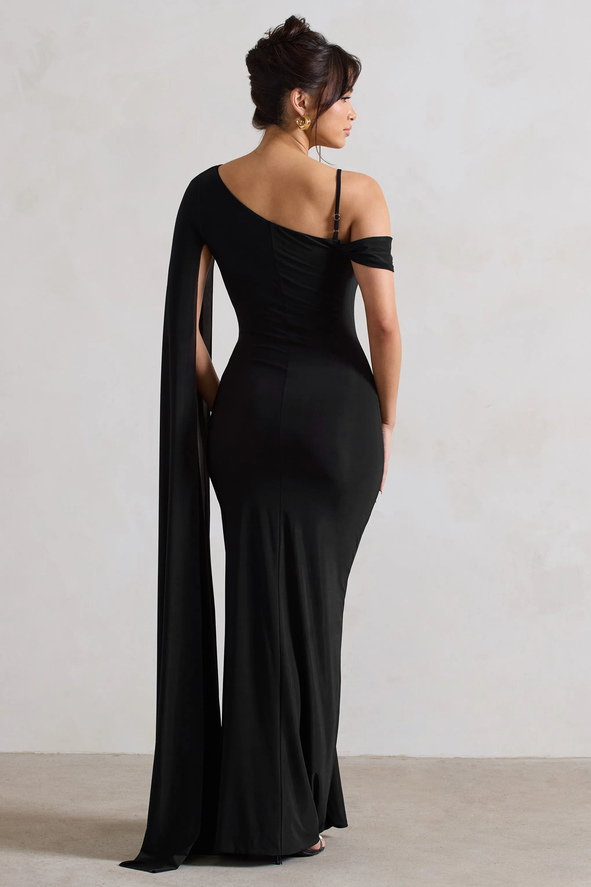 Pedra | Black One Shoulder Cape Sleeve Draped Maxi Dress