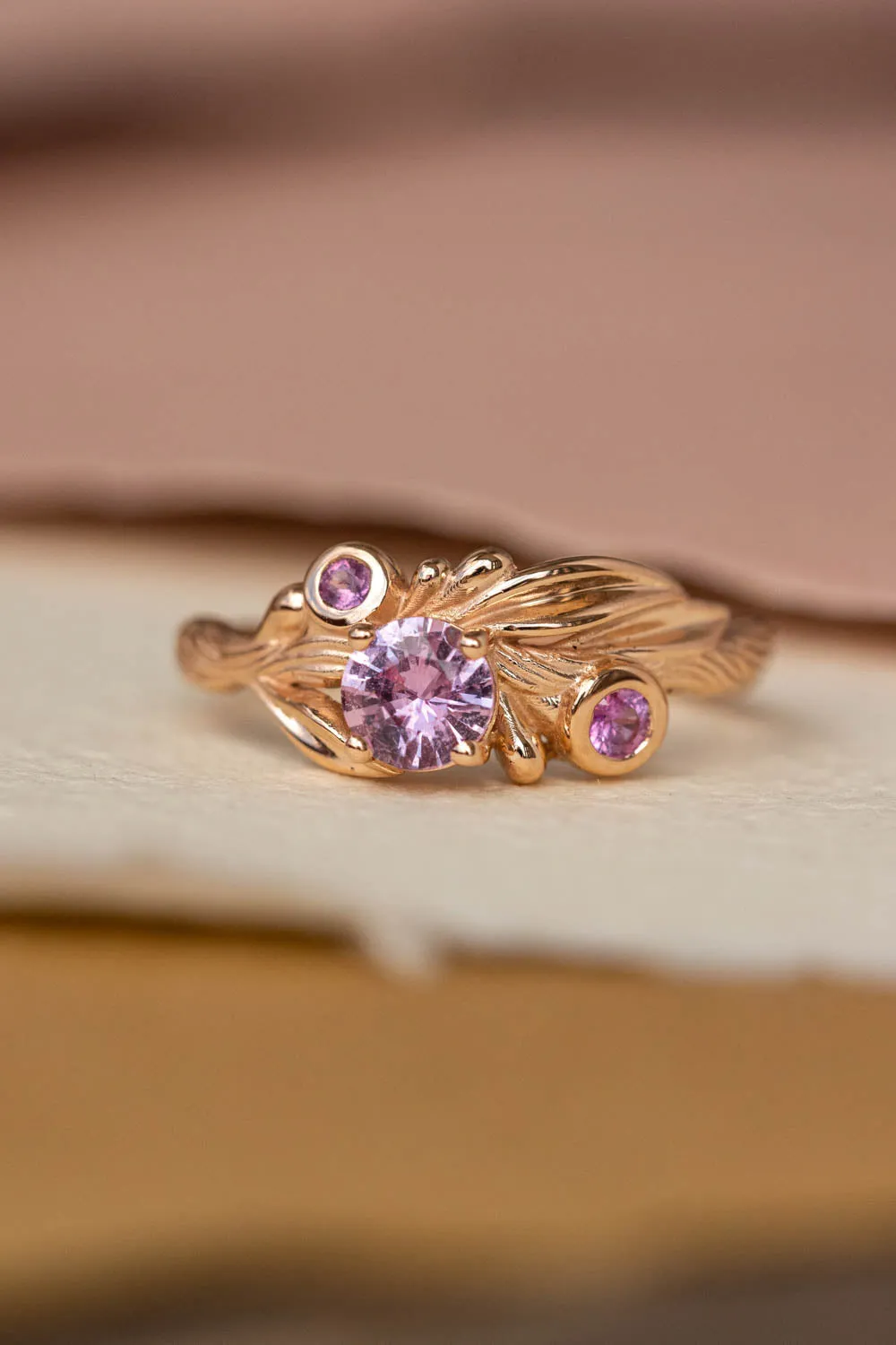 Pink sapphires engagement ring, olive branch gold ring with sapphires / Olivia