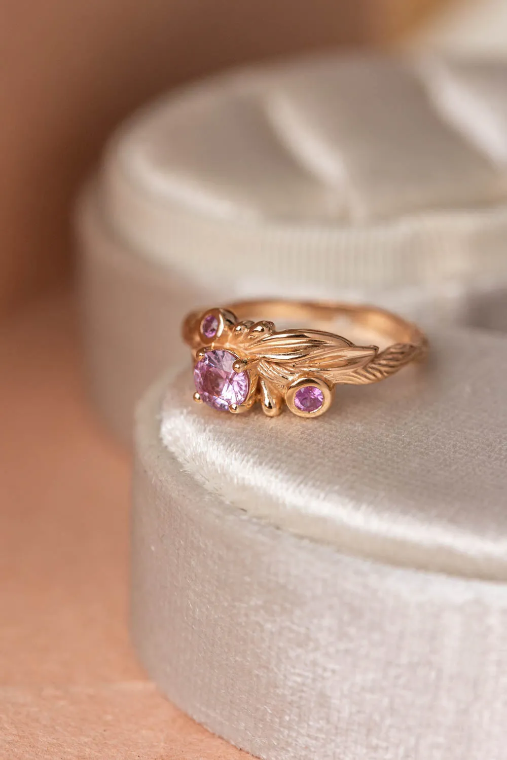 Pink sapphires engagement ring, olive branch gold ring with sapphires / Olivia