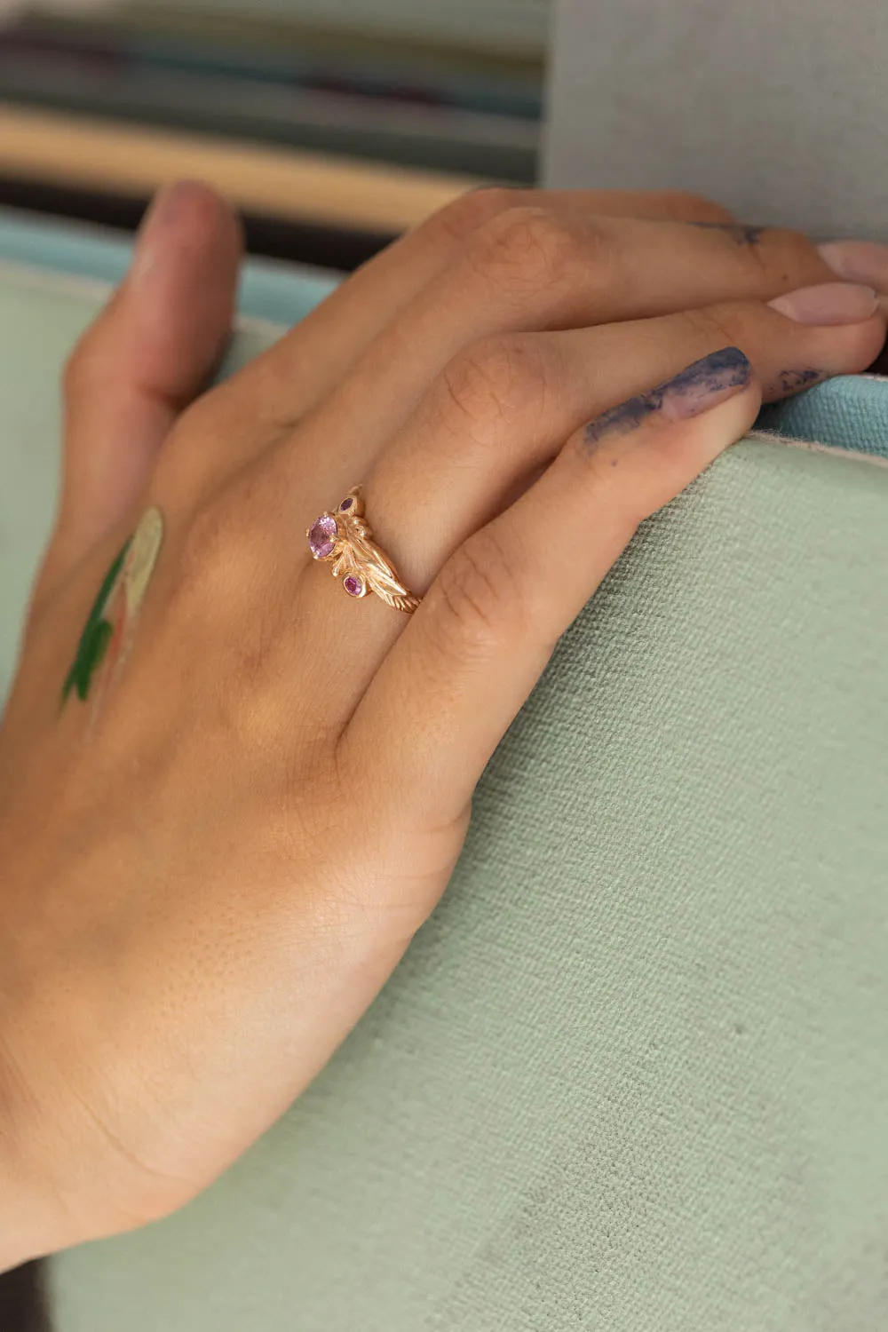 Pink sapphires engagement ring, olive branch gold ring with sapphires / Olivia