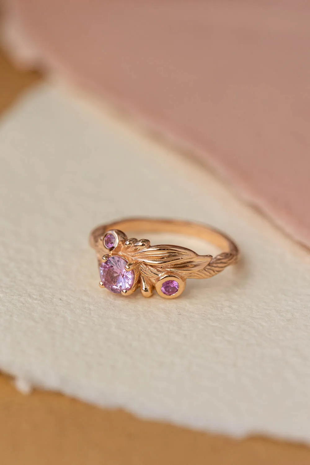 Pink sapphires engagement ring, olive branch gold ring with sapphires / Olivia