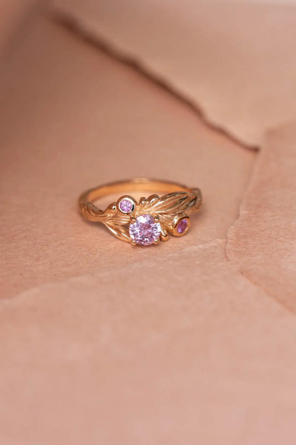 Pink sapphires engagement ring, olive branch gold ring with sapphires / Olivia