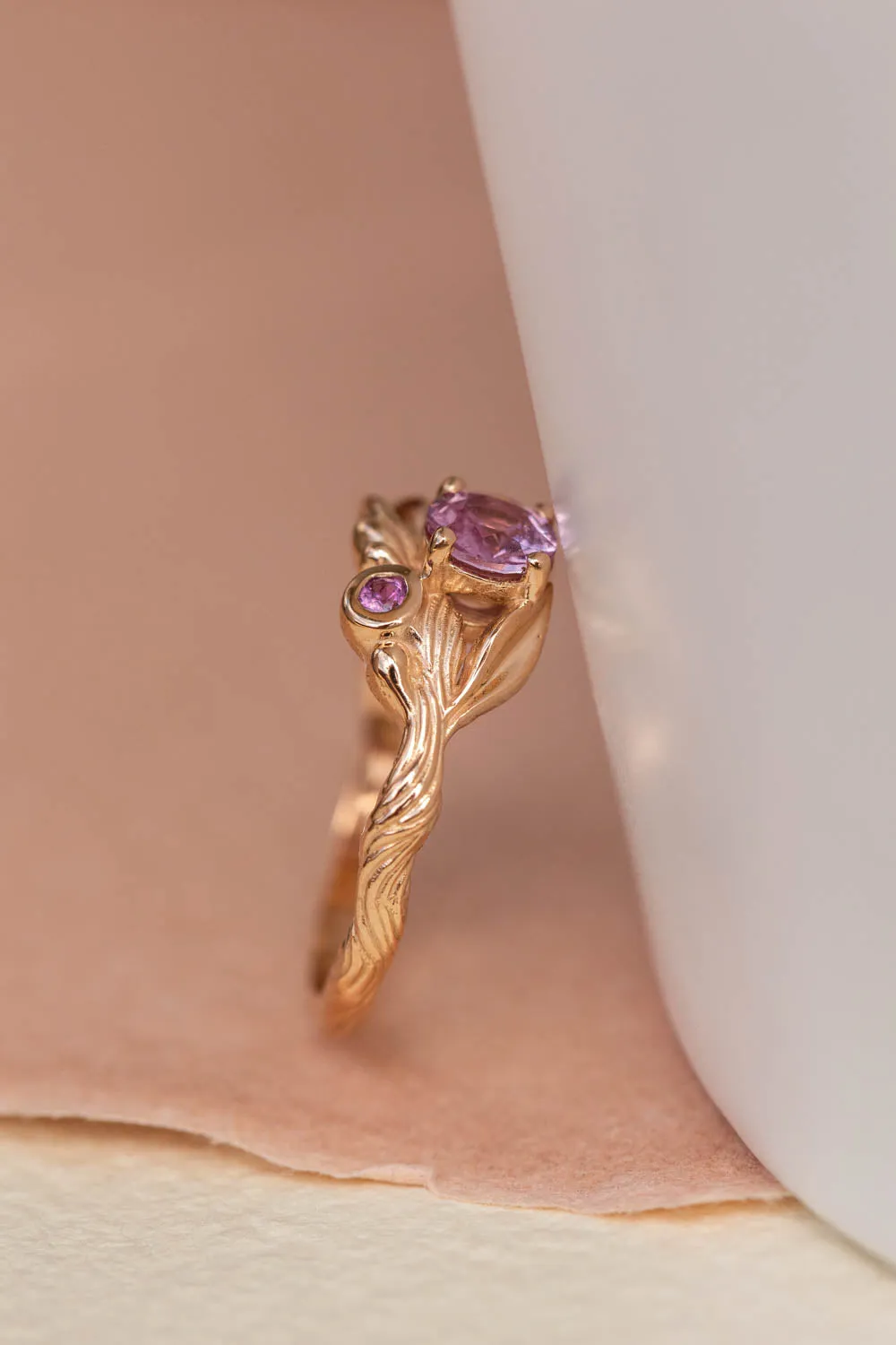 Pink sapphires engagement ring, olive branch gold ring with sapphires / Olivia