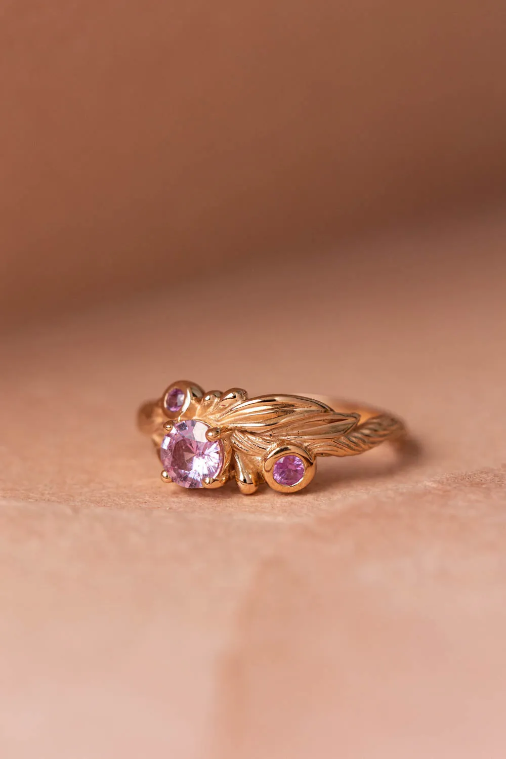 Pink sapphires engagement ring, olive branch gold ring with sapphires / Olivia