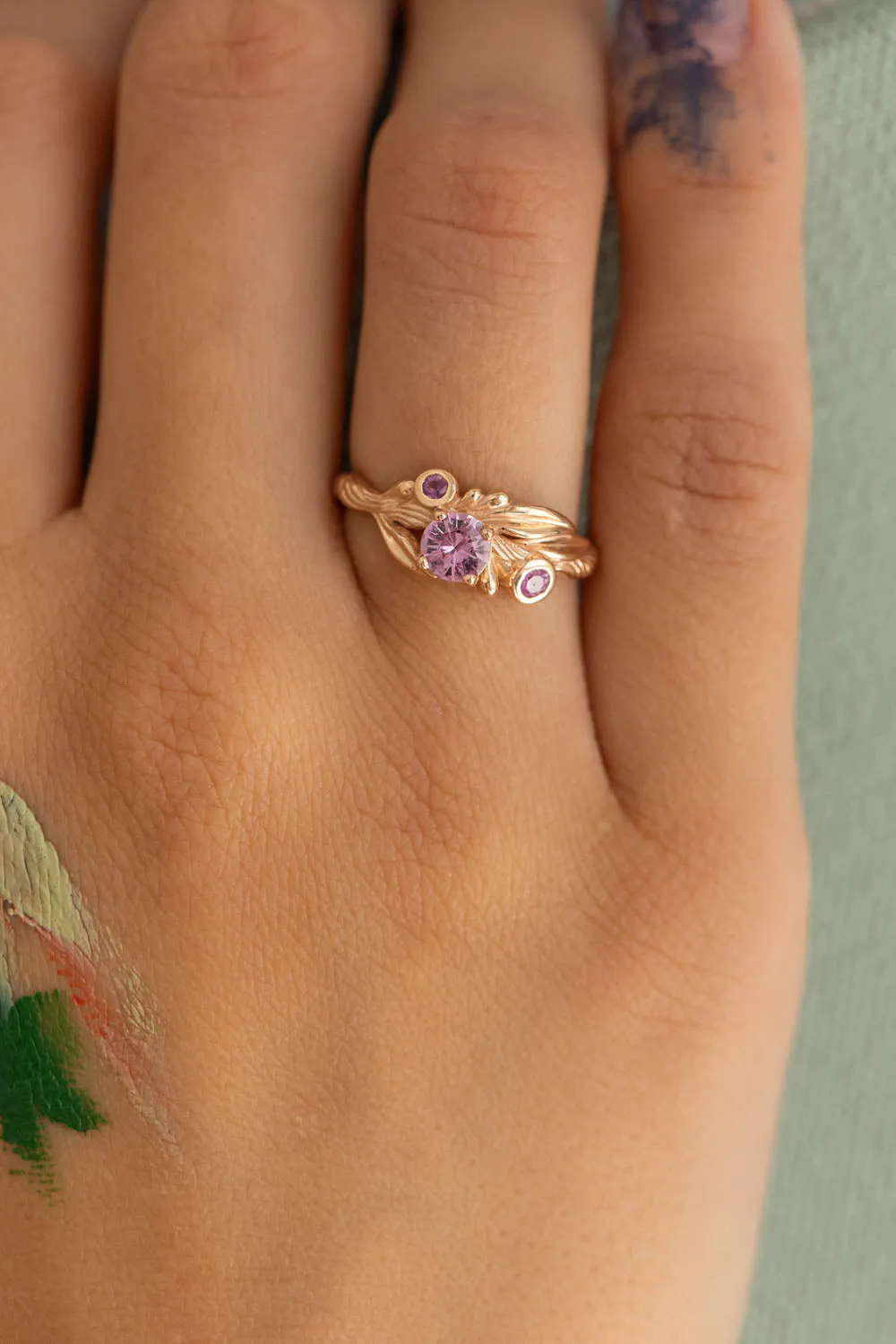 Pink sapphires engagement ring, olive branch gold ring with sapphires / Olivia