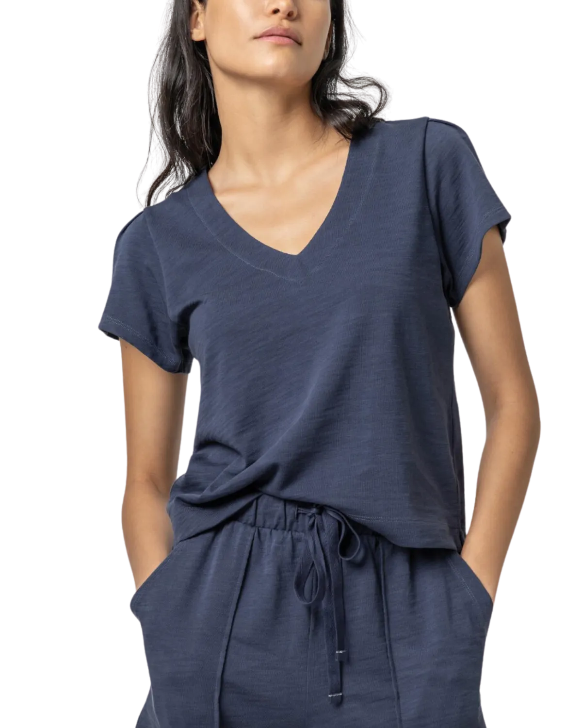 Pleated Cap Sleeve V-Neck (Navy)