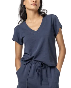 Pleated Cap Sleeve V-Neck (Navy)