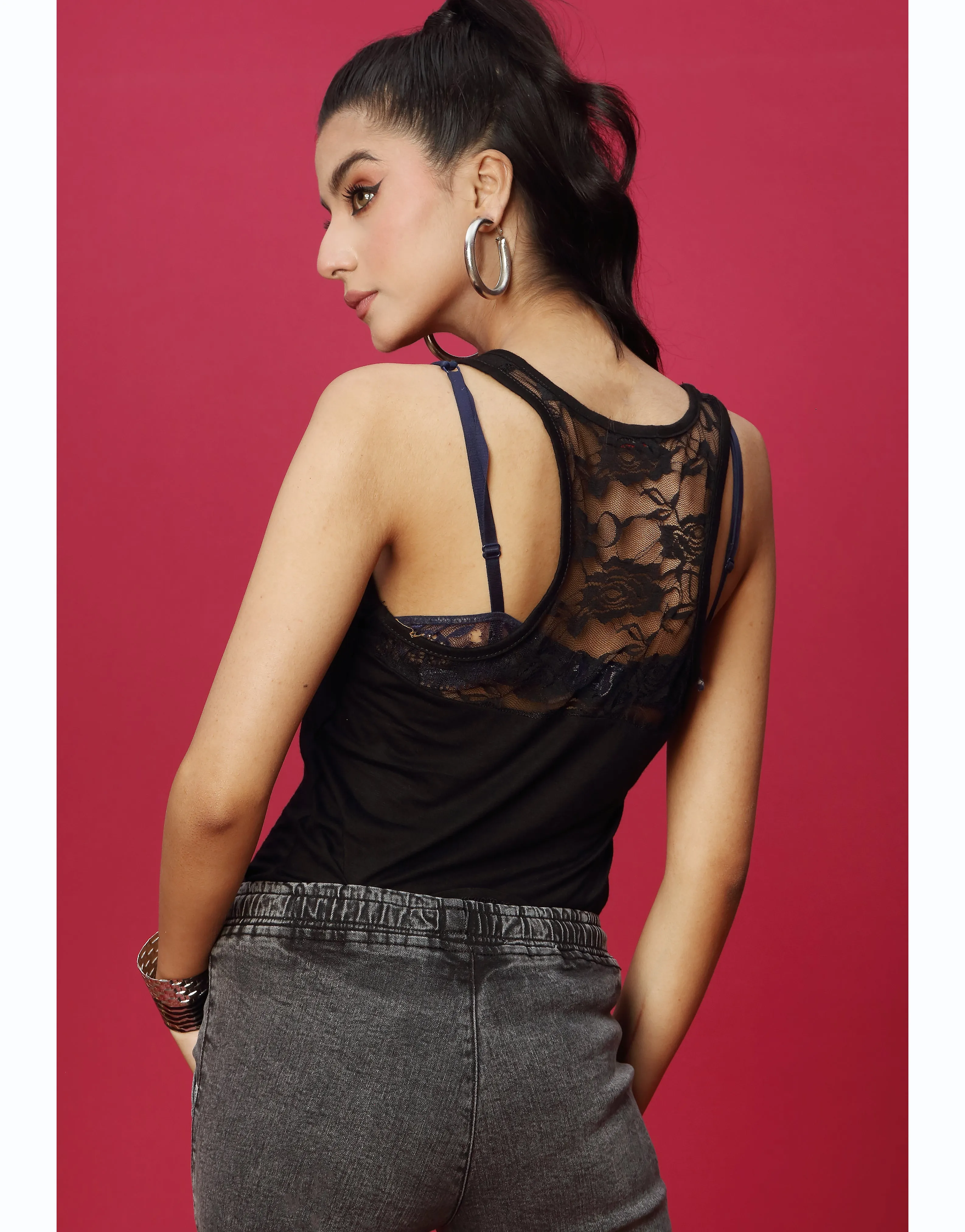 Racer back Lace Tank Top Black