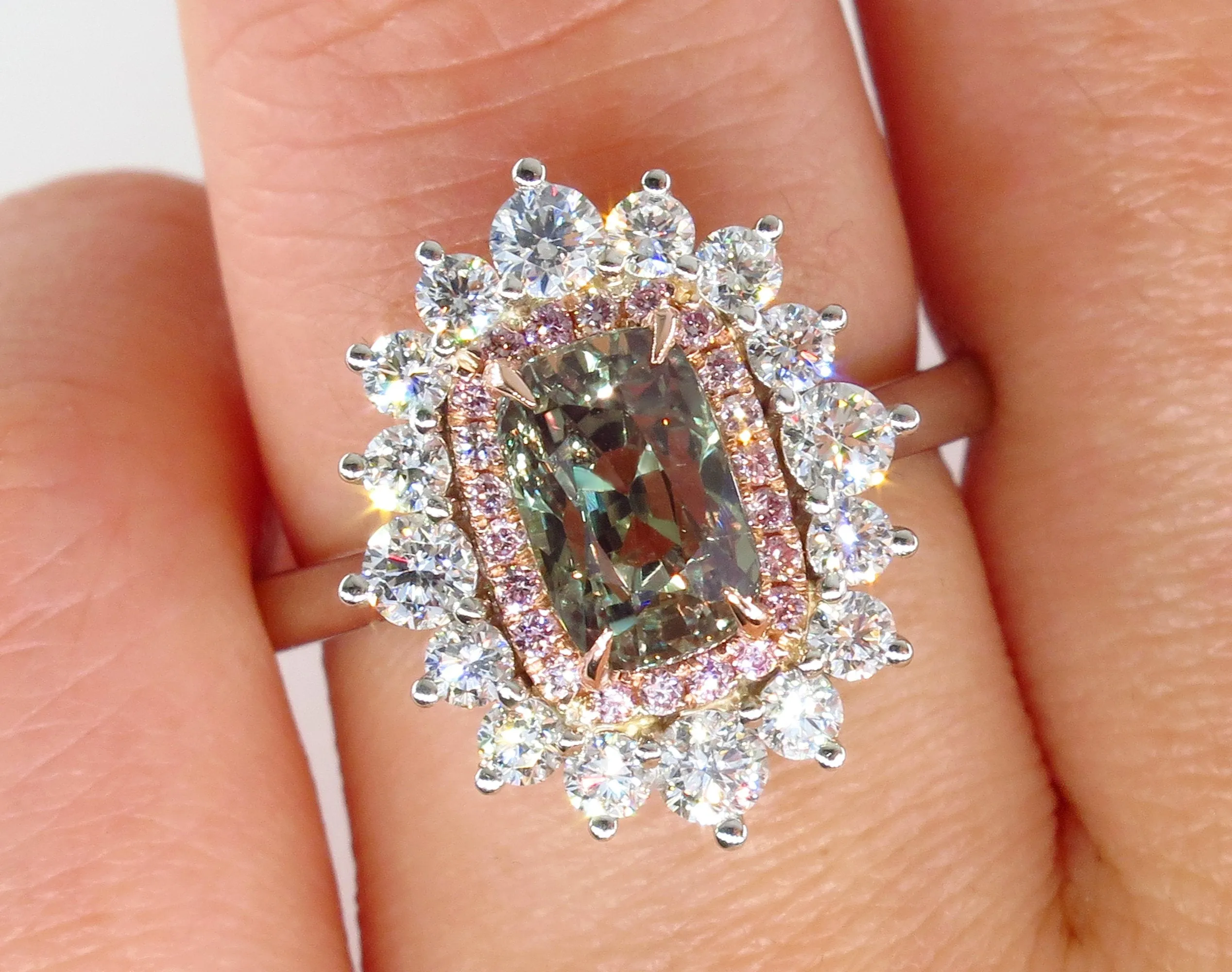 Rare Gem AGL 3.01ctw Natural Alexandrite Fancy Pink Diamond Cluster Platinum Ring