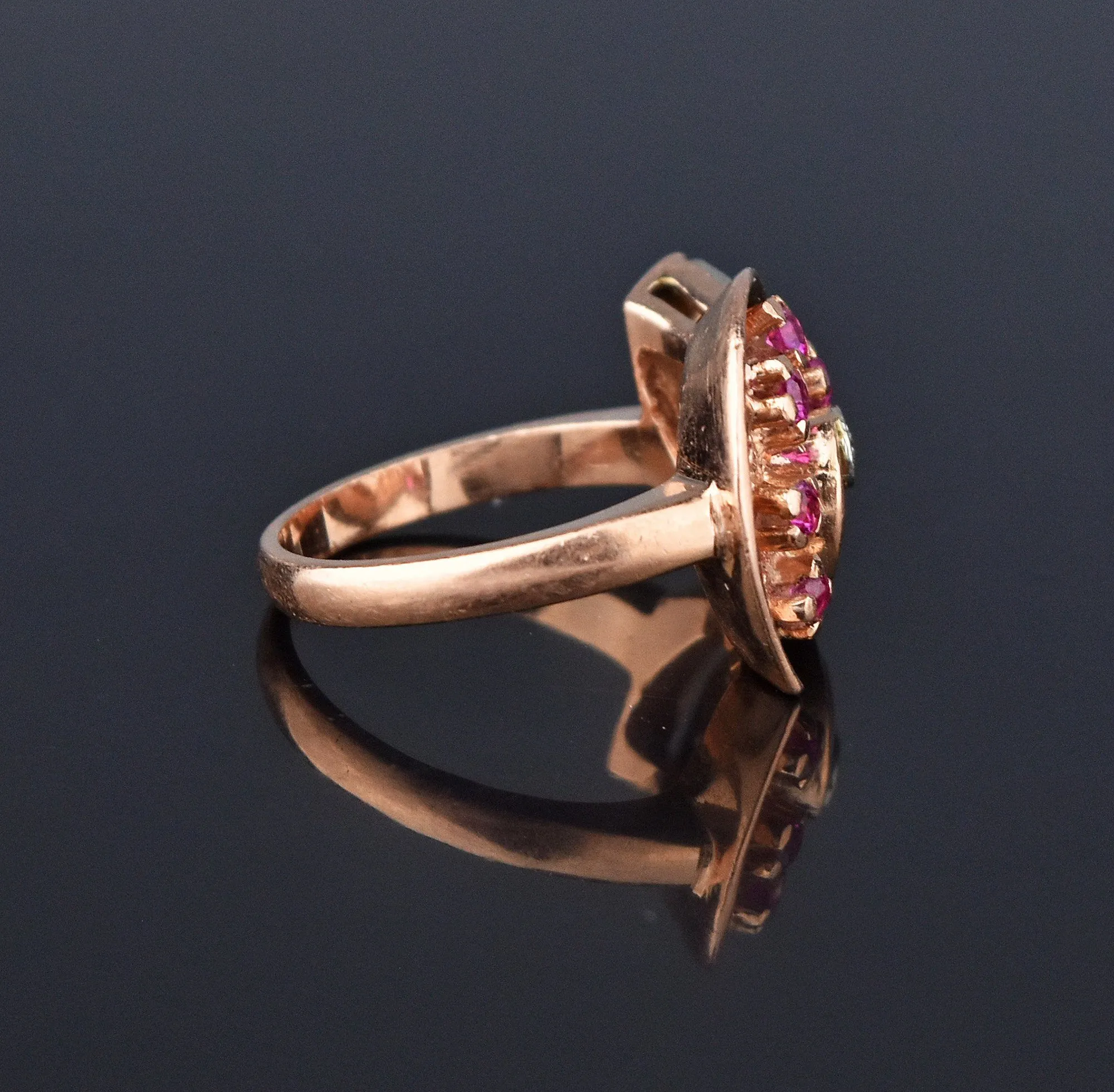 Retro 14K Rose Gold Diamond Ruby Ring, Nautilus Shell