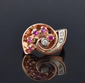 Retro 14K Rose Gold Diamond Ruby Ring, Nautilus Shell