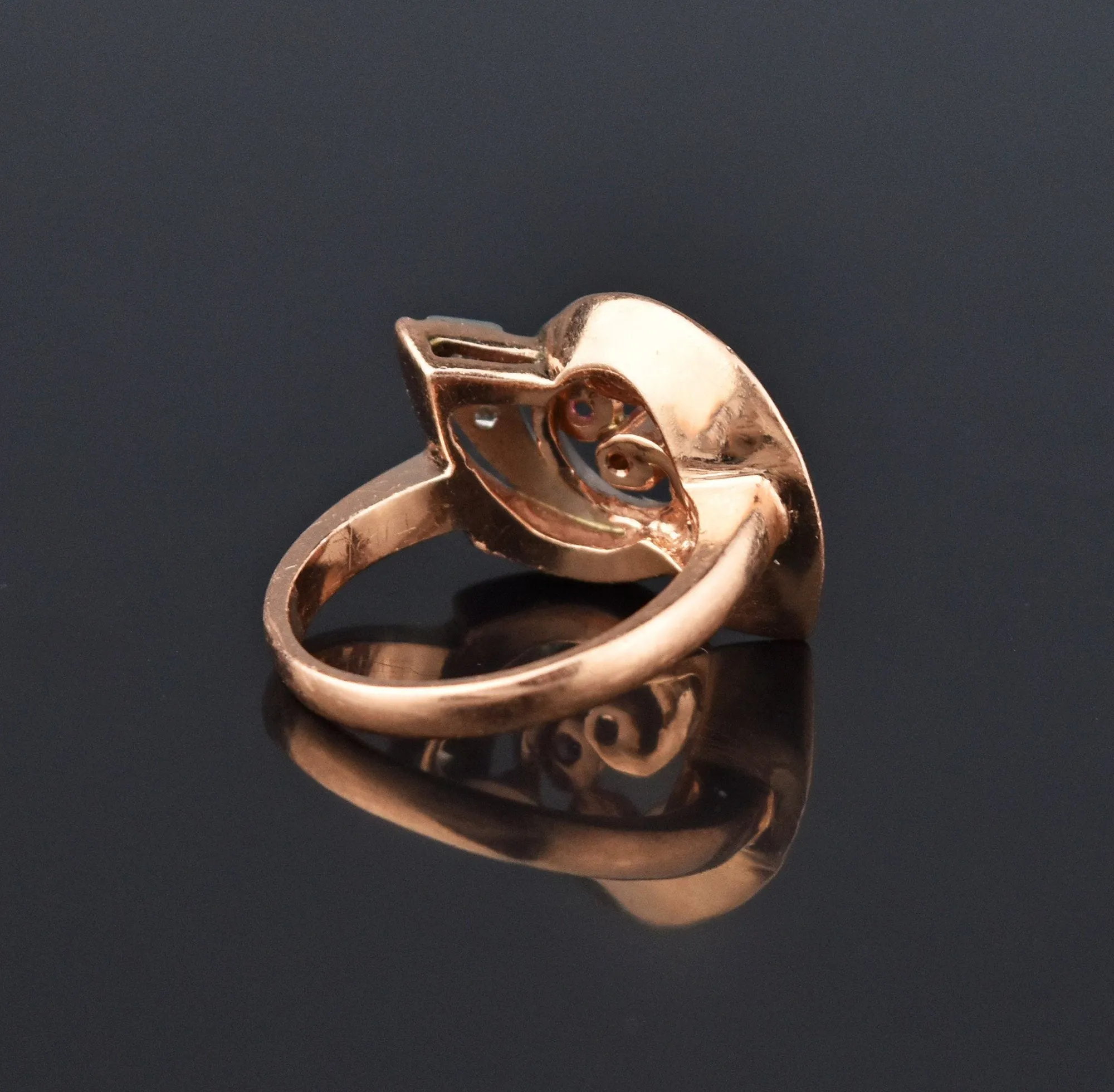 Retro 14K Rose Gold Diamond Ruby Ring, Nautilus Shell