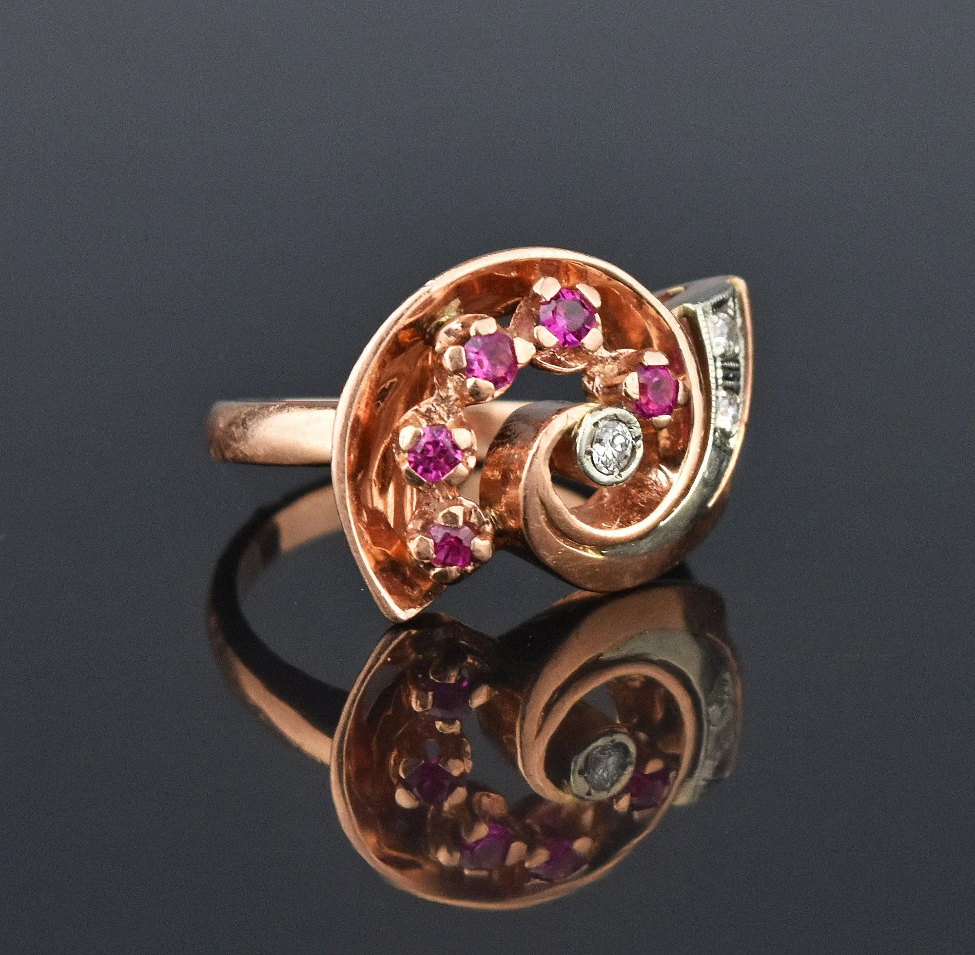 Retro 14K Rose Gold Diamond Ruby Ring, Nautilus Shell