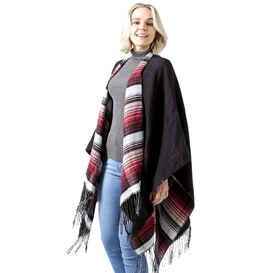 Reversible Plaid Check Patterned Tassel Cape Poncho