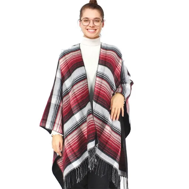 Reversible Plaid Check Patterned Tassel Cape Poncho