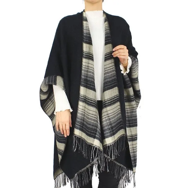 Reversible Plaid Check Patterned Tassel Cape Poncho