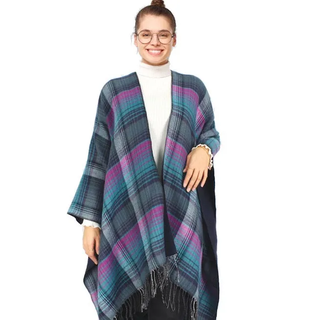 Reversible Plaid Check Patterned Tassel Cape Poncho