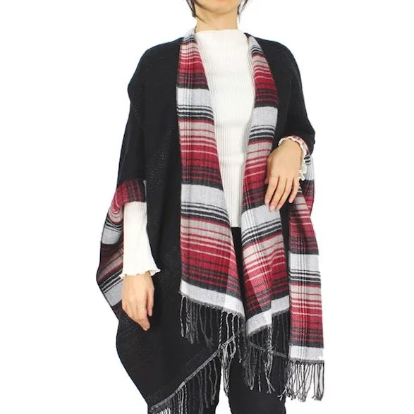 Reversible Plaid Check Patterned Tassel Cape Poncho