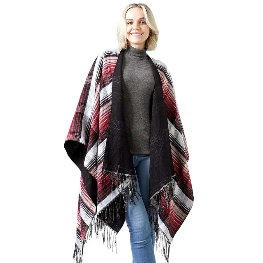 Reversible Plaid Check Patterned Tassel Cape Poncho