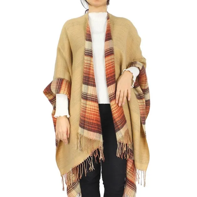 Reversible Plaid Check Patterned Tassel Cape Poncho