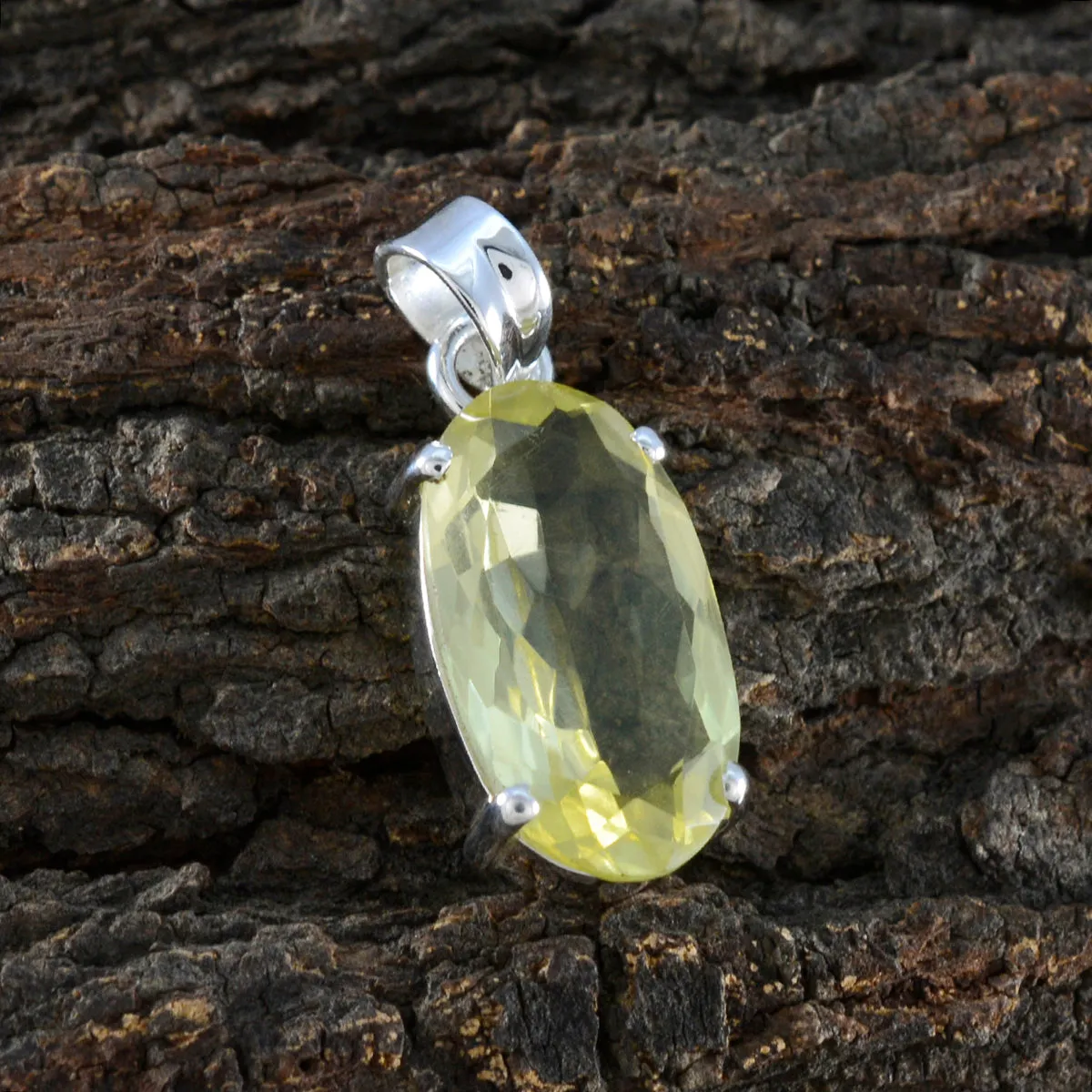 Riyo Bewitching Gems Oval Faceted Yellow Lemon Quartz Solid Silver Pendant Gift For Easter Sunday