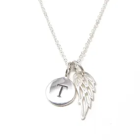 Silver Initial & Angel Wing Necklace