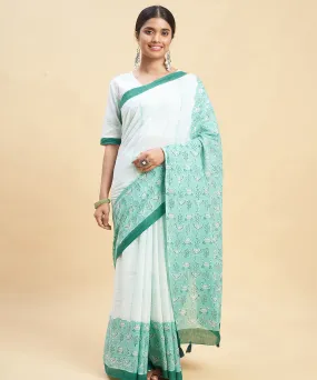 Sky blue dark green cotton hand block sanganeri printed saree