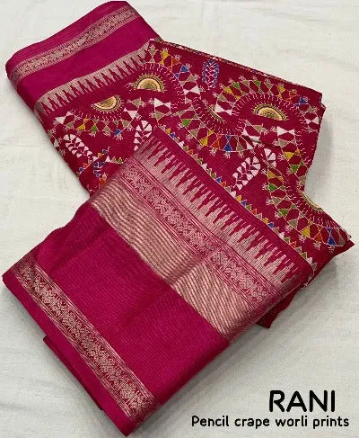 Soft Pencil Crepe Worli Kalamkari Print Saree