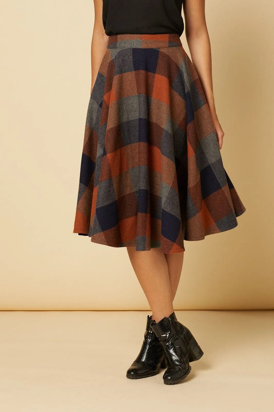 Sophie Rust Woollen Check Tartan Midi Swing Skirt