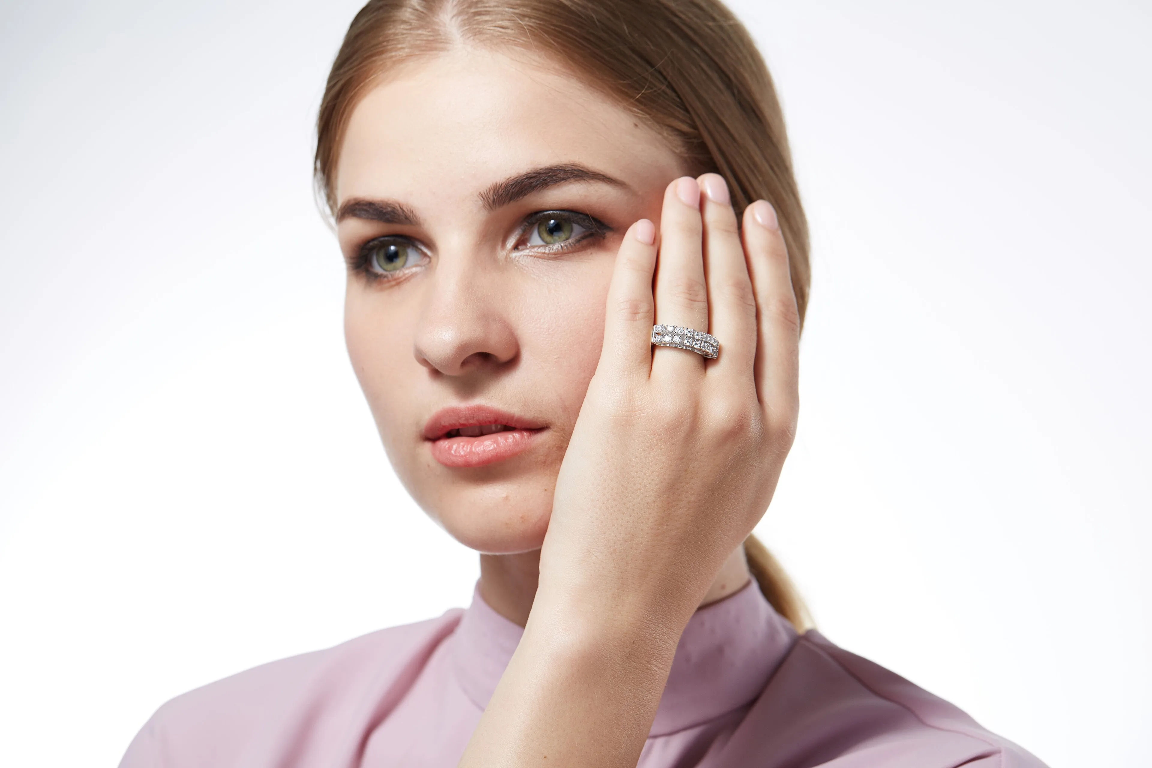 Sterling silver two rounded crystal rows ring